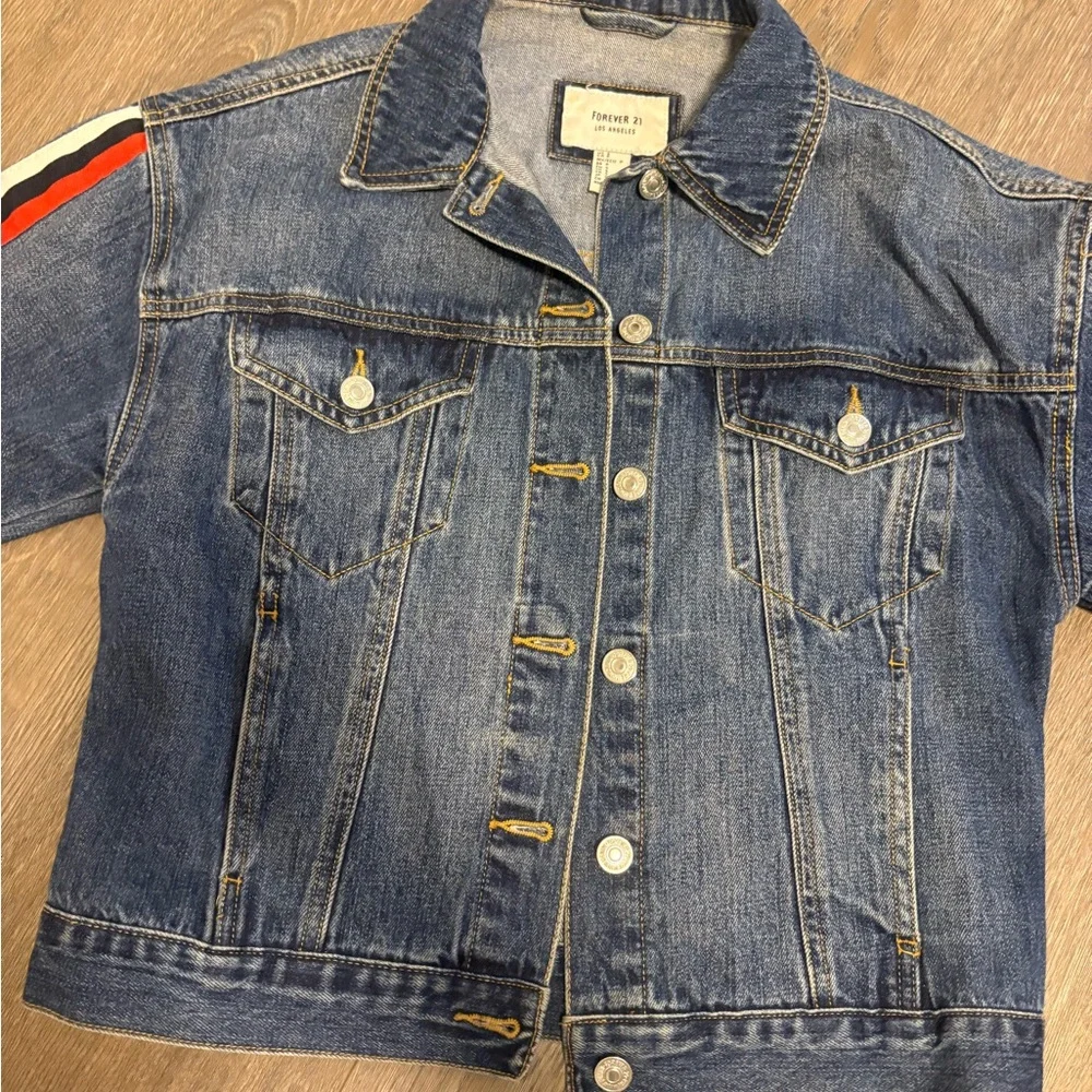 Forever 21 Blue Denim Jacket with Stripes Small - Picture 2 of 2